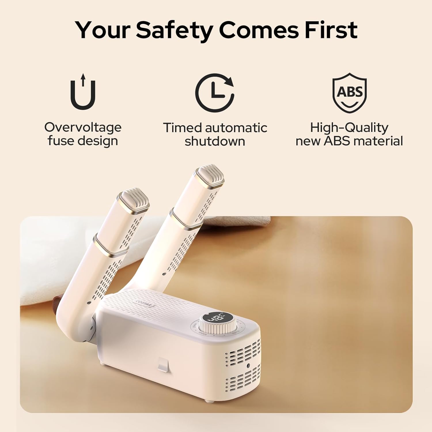 Costar Electric Shoe Dryer and Warmer with PTC Heating, 48°C Fast Drying, 360° Warm Air, UV Sterilization, Intelligent Timer Settings, Foldable & Hanging Design