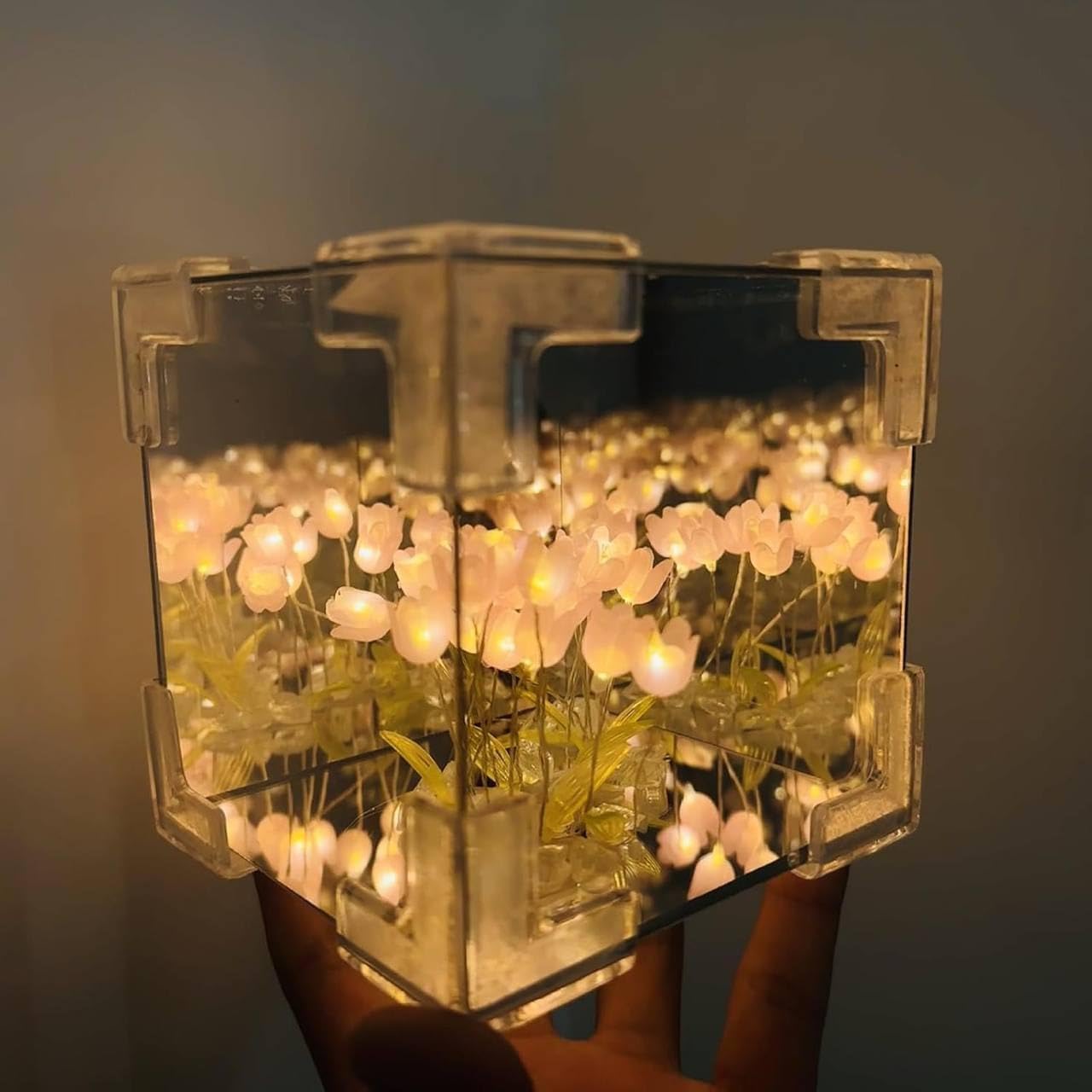 Cube Tulip Night Lamp- 20 LED Flower Lights, Dual-Purpose Tabletop & Mirror Decor | Gifts for Woman | Valentine Gift