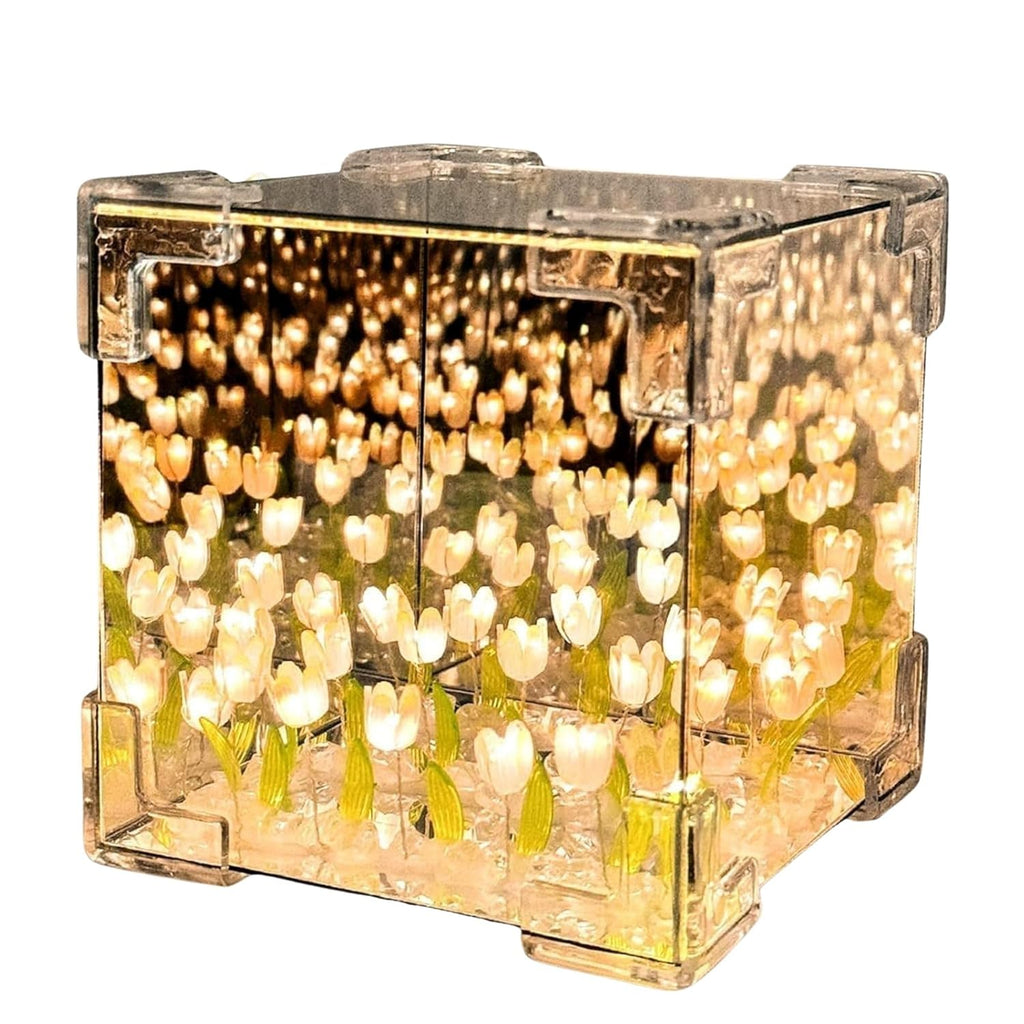 Cube Tulip Night Lamp- 20 LED Flower Lights, Dual-Purpose Tabletop & Mirror Decor | Gifts for Woman | Valentine Gift