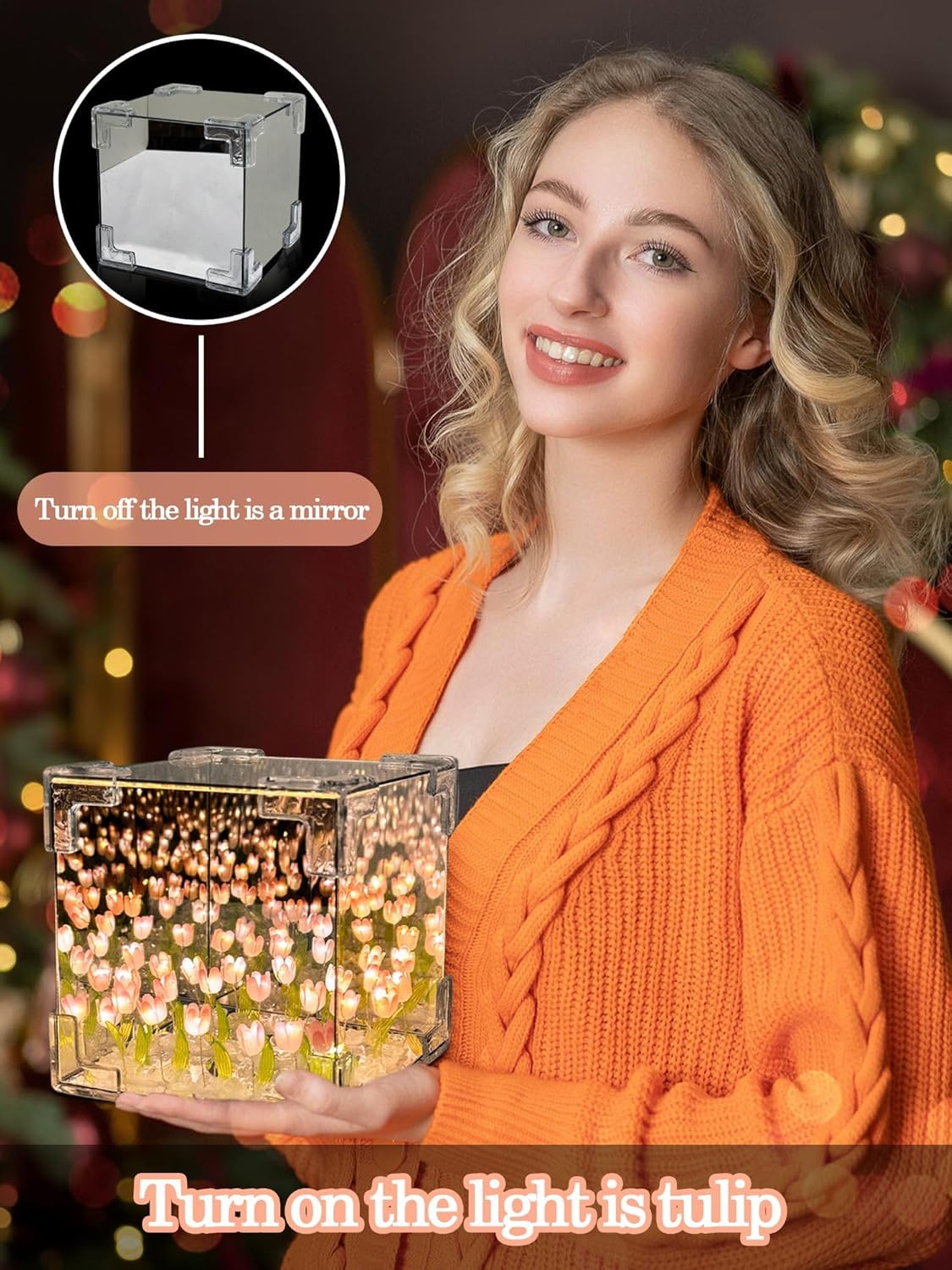 Cube Tulip Night Lamp- 20 LED Flower Lights, Dual-Purpose Tabletop & Mirror Decor | Gifts for Woman | Valentine Gift