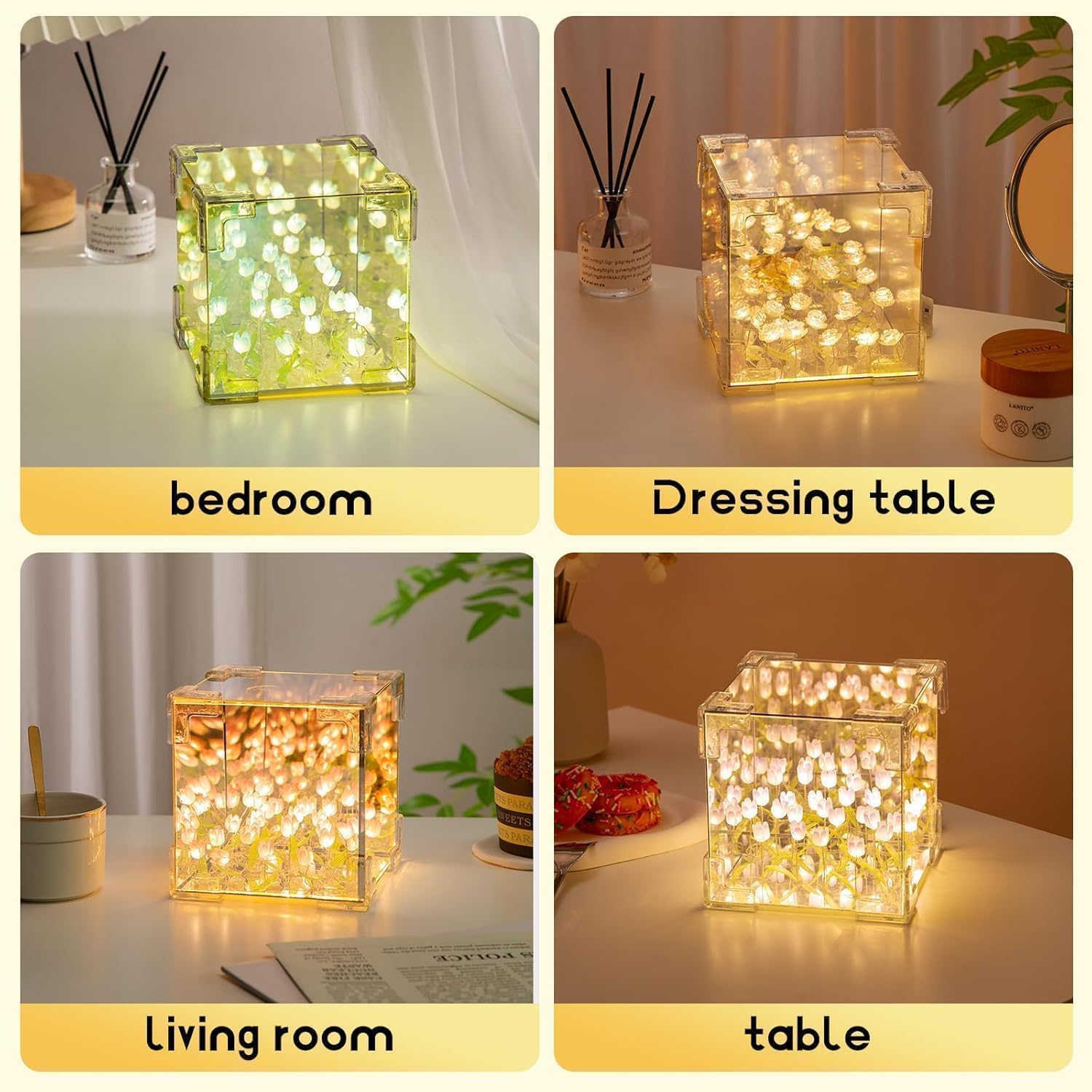 Cube Tulip Night Lamp- 20 LED Flower Lights, Dual-Purpose Tabletop & Mirror Decor | Gifts for Woman | Valentine Gift