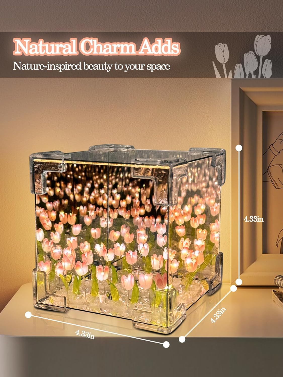 Cube Tulip Night Lamp- 20 LED Flower Lights, Dual-Purpose Tabletop & Mirror Decor | Gifts for Woman | Valentine Gift