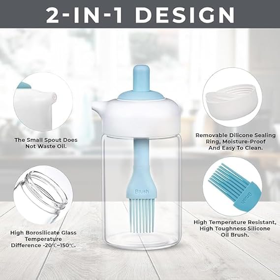 250 ml 2‑in‑1 Glass Oil Dispenser Bottle with Silicone Brush – Versatile Condiment Jar for Cooking, Baking, BBQ, Frying, Grilling & Pastry, Grill Baking/Kitchen Cooking/Kitchen Tool & Accessories