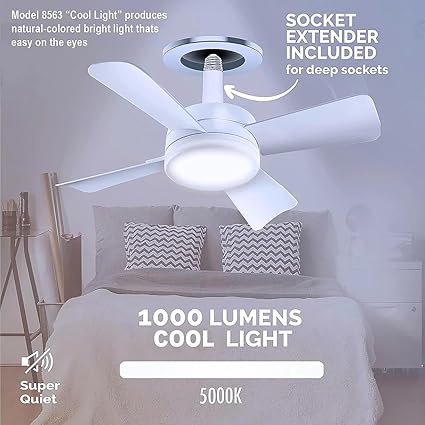 Cool LED Socket Fan Light – Ceiling Fan Replacement, 1000 Lumens/5000K, Remote Controlled